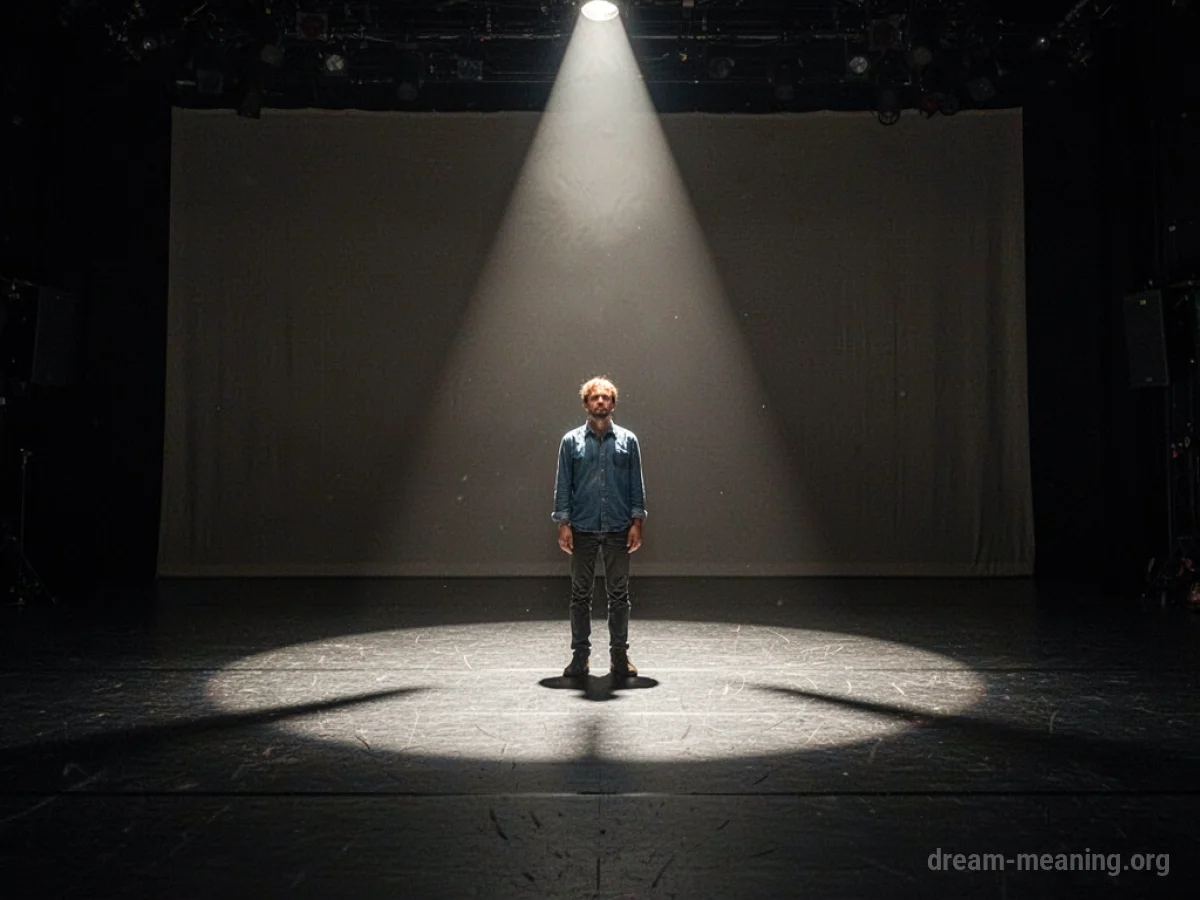 A lone figure on a dark stage under a single spotlight.
