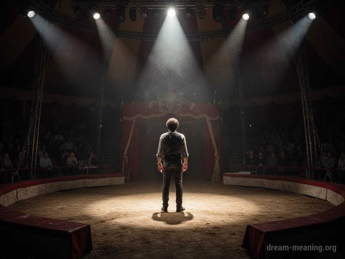 A single silhouette of a person on a circus stage.