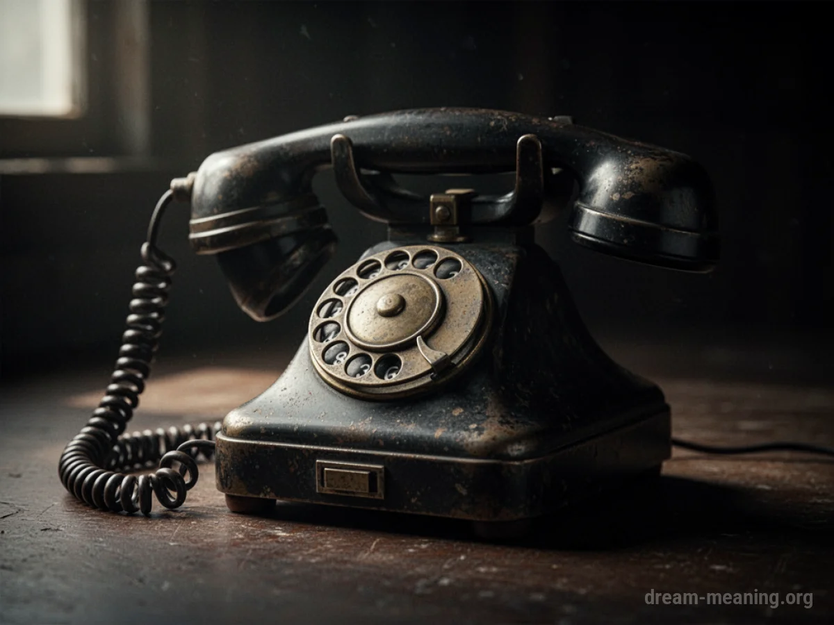 A black rotary telephone with its receiver off the hook.