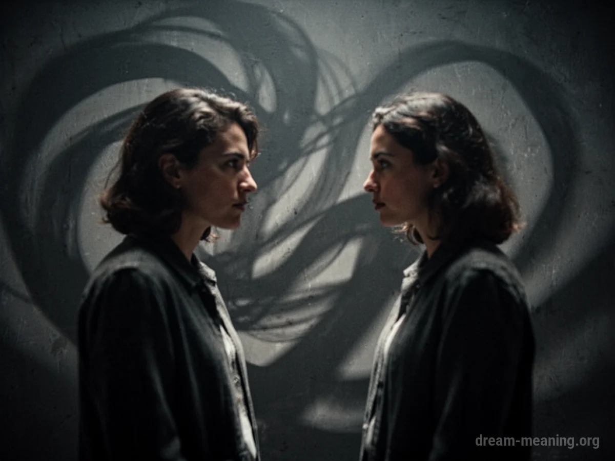 Two indistinct figures facing off in a dark, shadowy environment.
