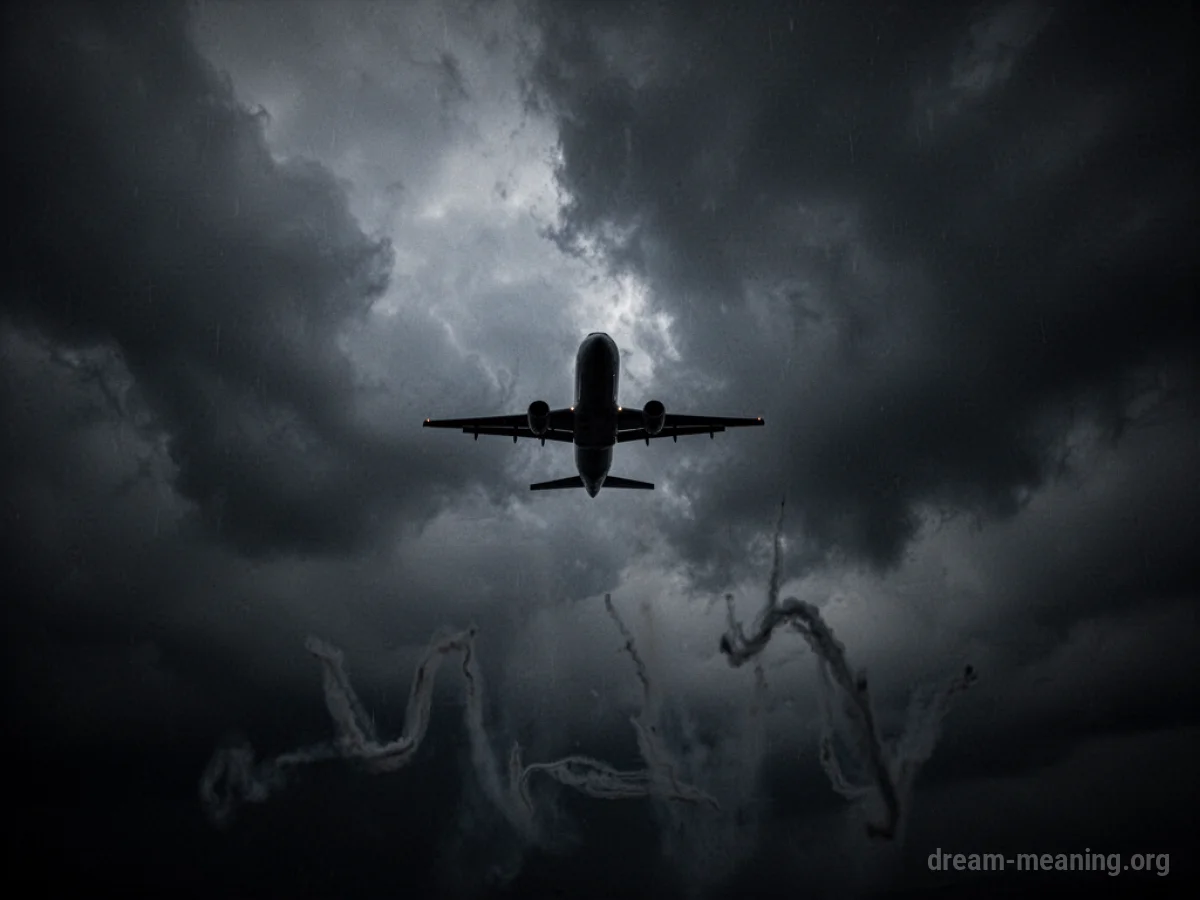 Silhouette of an airplane against a dark, cloudy sky.