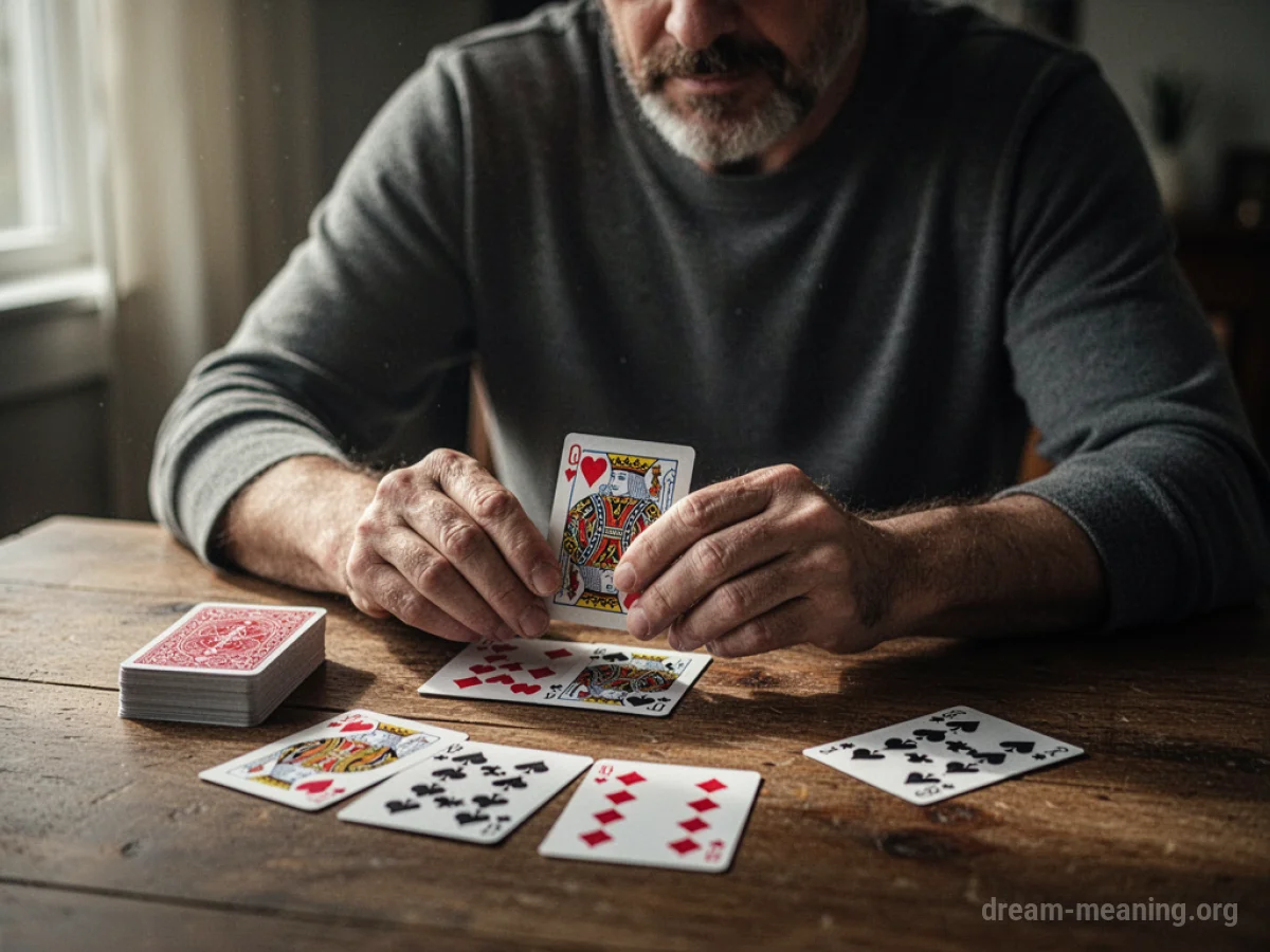 A person sits alone at a table with a deck of cards.