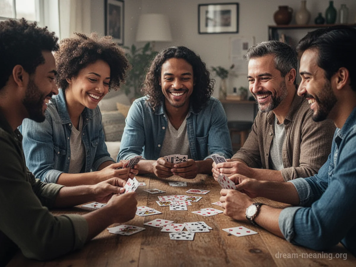A group of friends playing cards around a table.