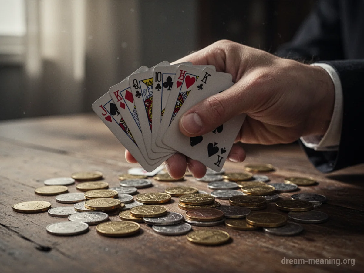 A hand holding playing cards over a table with coins.