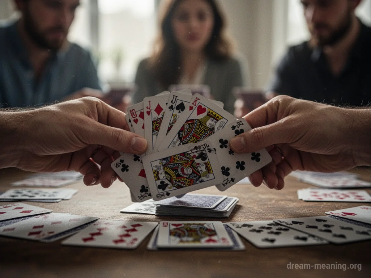 Playing cards being shuffled on a table with indistinct figures in the background.