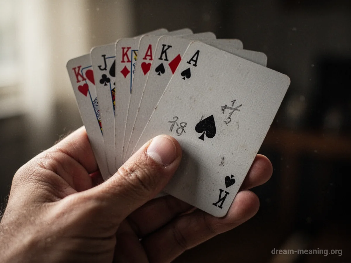 A hand holding playing cards, with a slight imperfection on the back of one card.