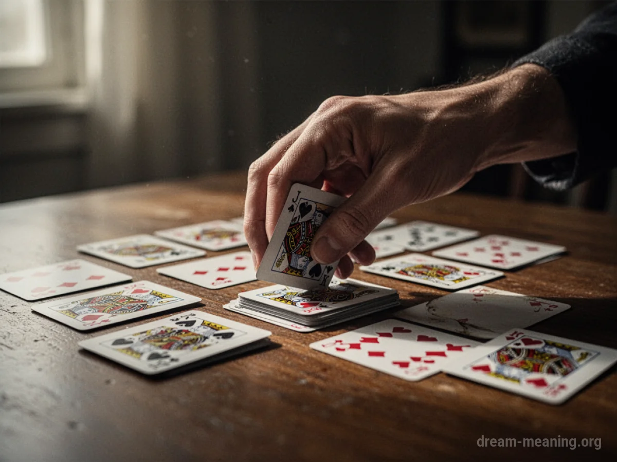 A single hand arranging a deck of playing cards on a flat surface.