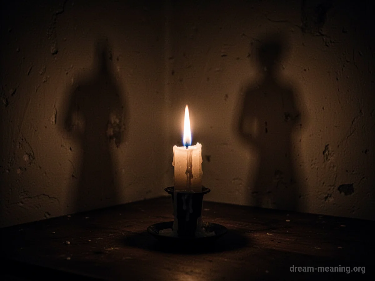 A lone candle burning in a dark room.