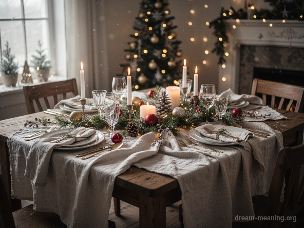 A table with decorations partially covered by a cloth.