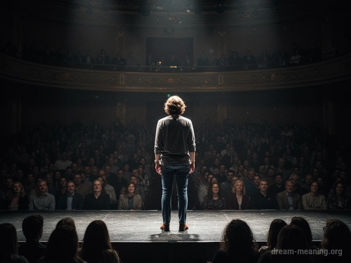 A solitary figure on a stage in front of an unseen crowd.