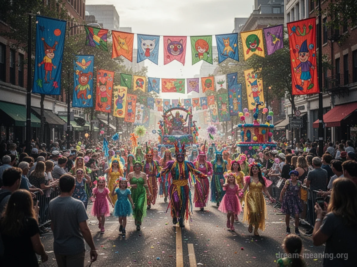 A cheerful parade marching down a street with onlookers.