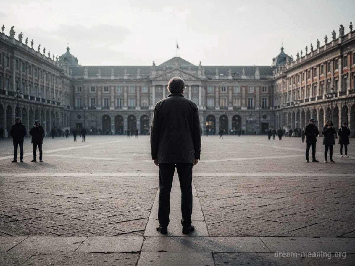 A solitary figure stands in an empty square, observed by distant, blurred observers.
