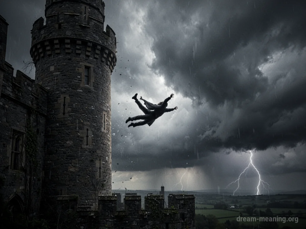 Silhouette falling from a tall stone tower.
