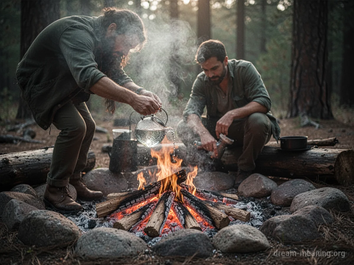 A person pouring water onto glowing campfire embers.