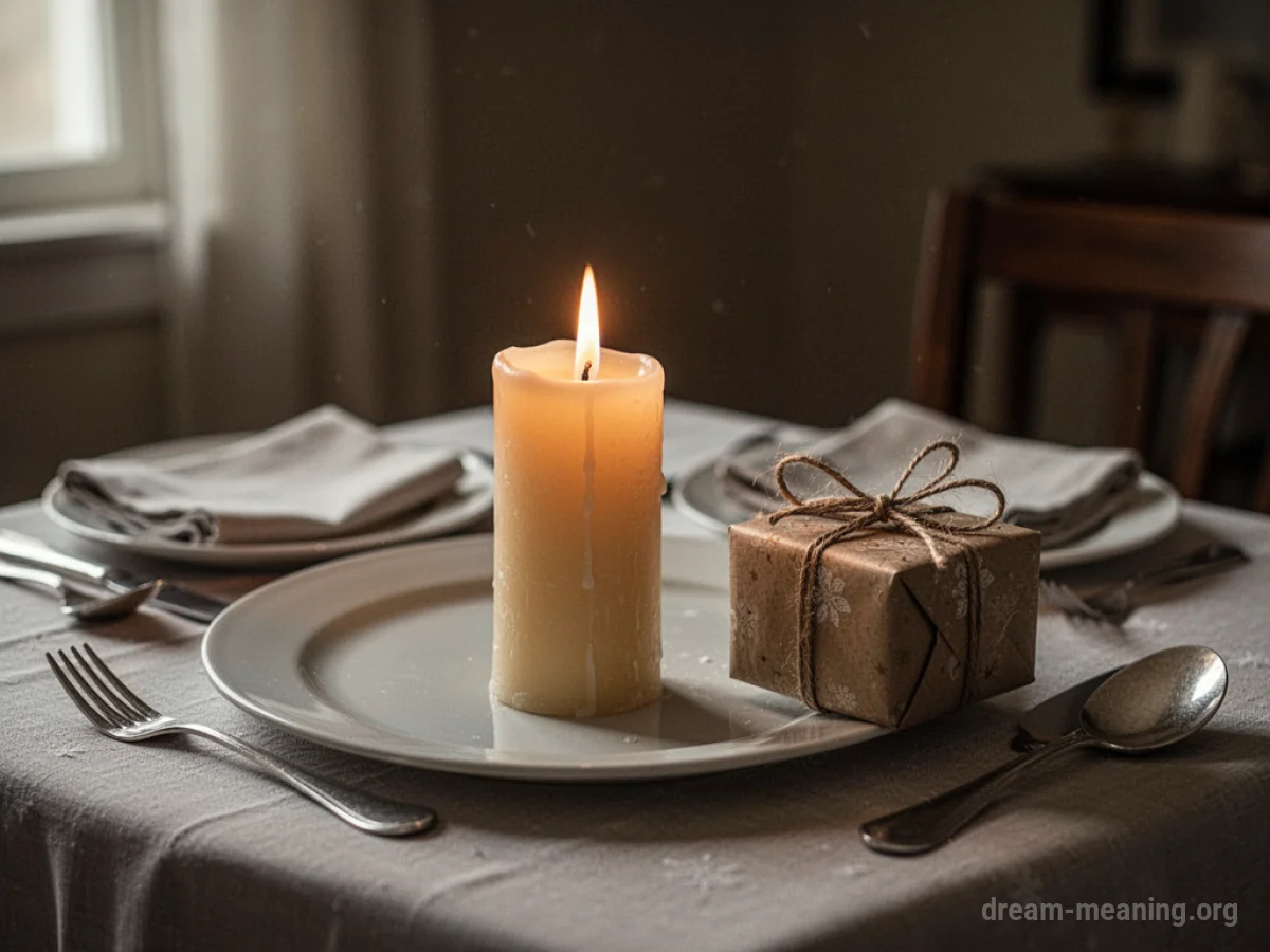 A single lit candle on a table with a small gift.