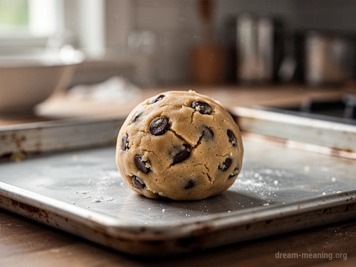 A ball of raw cookie dough on a baking sheet.