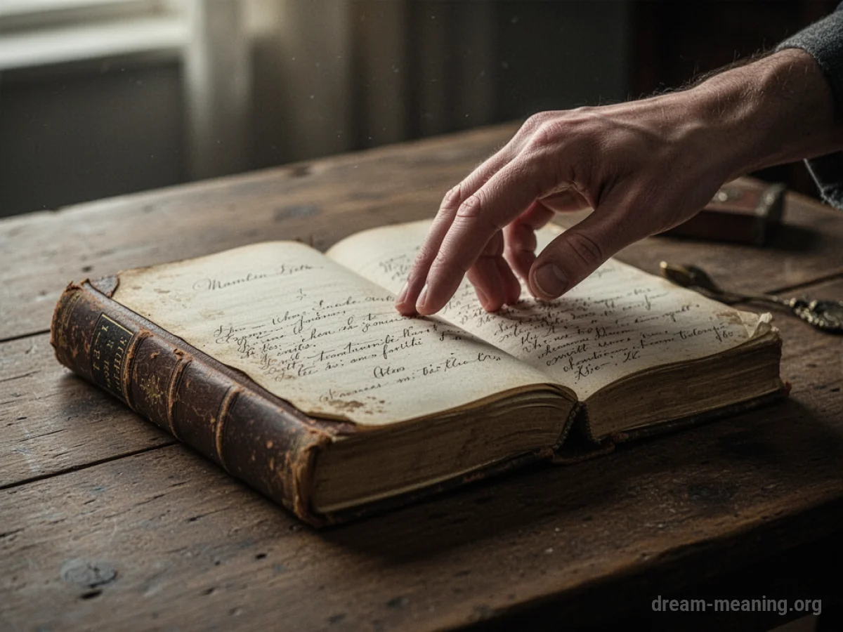 An open diary with a hand hovering above its pages.