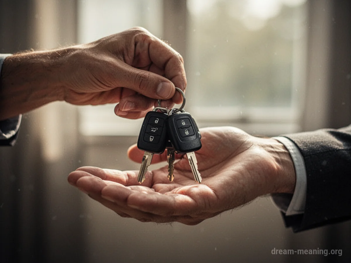 One hand giving a set of car keys to another hand.