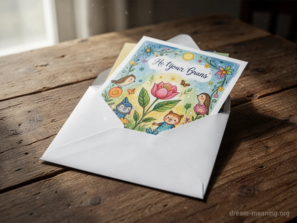 An open envelope on a table with a greeting card peeking out.