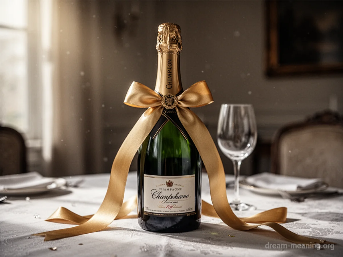 A gift-wrapped bottle of champagne on a table.
