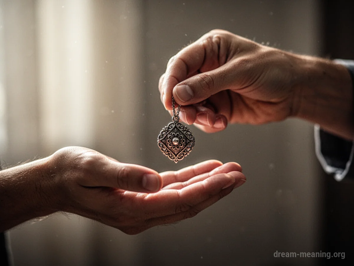 Two hands exchanging a small, decorative charm.