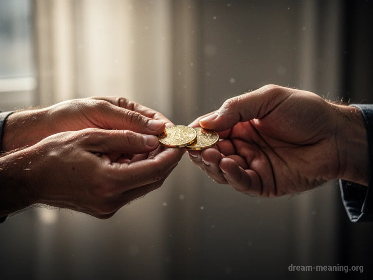 Two hands, one offering a small stack of coins to another.