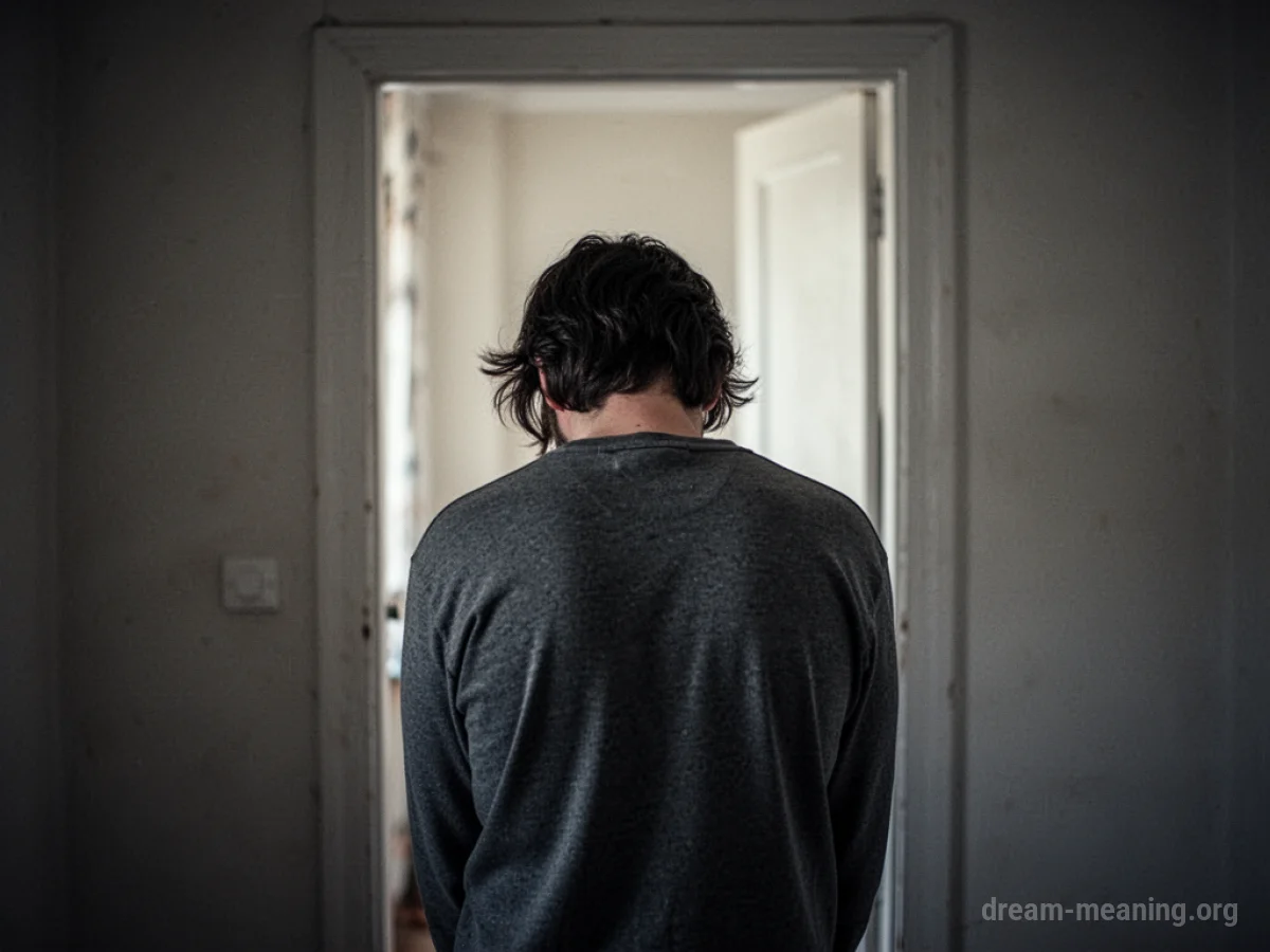 Person with slumped shoulders facing a doorway.