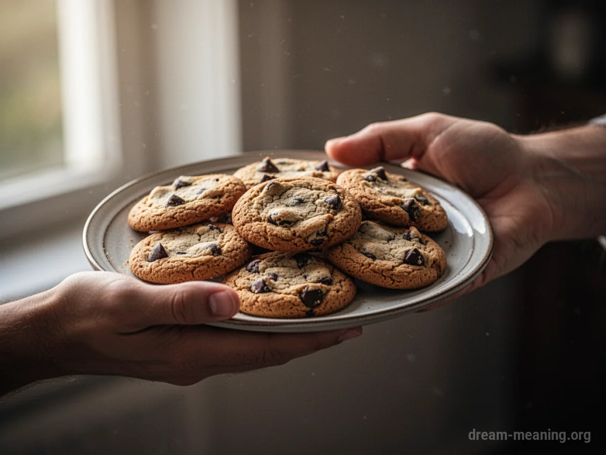 A hand extending a plate of cookies towards another hand.