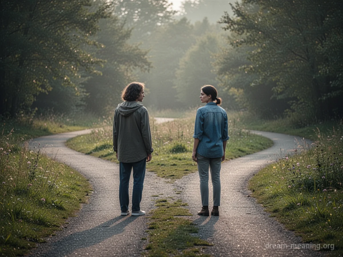 Two silhouetted figures on a path, one looking back.