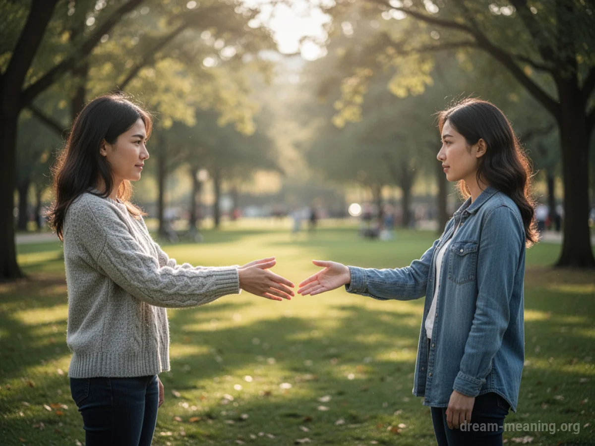 Two individuals reaching out to each other in a park.
