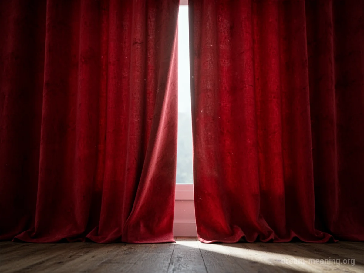 A thick, deep red curtain is partially drawn open.