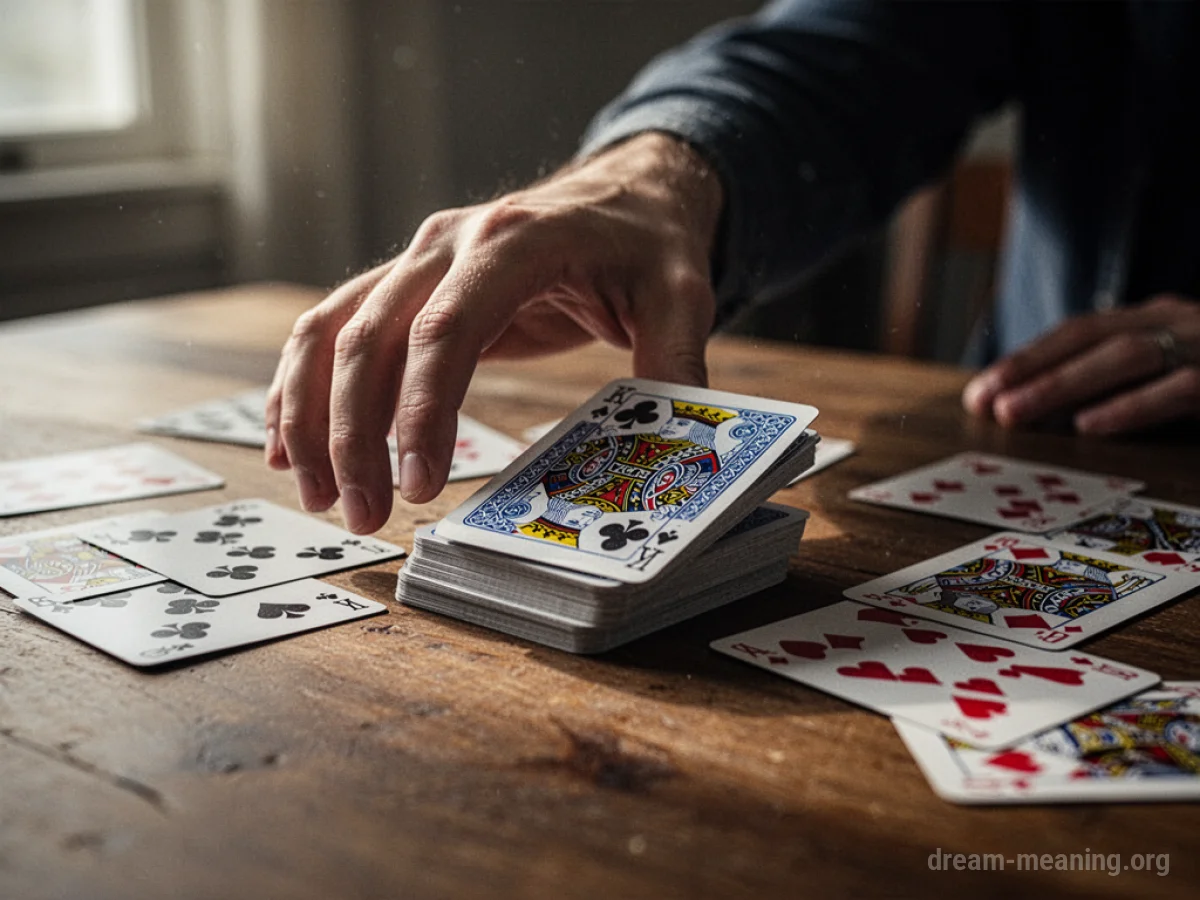 A hand pushing away a deck of playing cards.