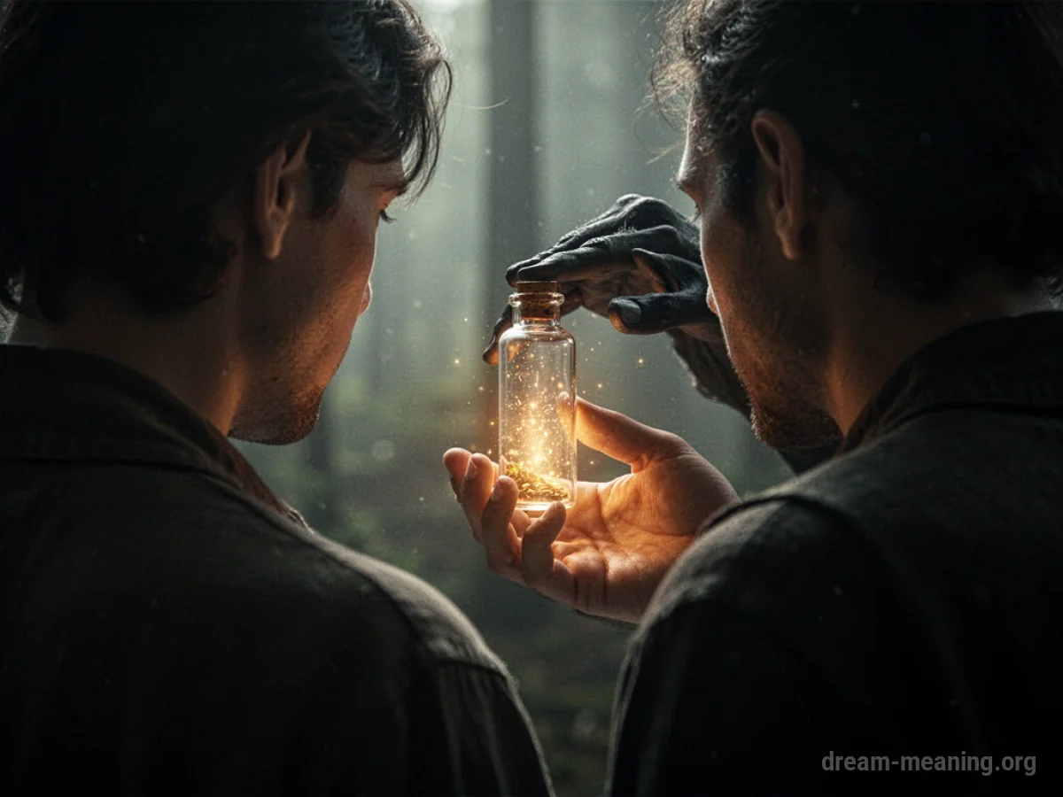 Person's back turned to a hand holding a small, radiant vial.