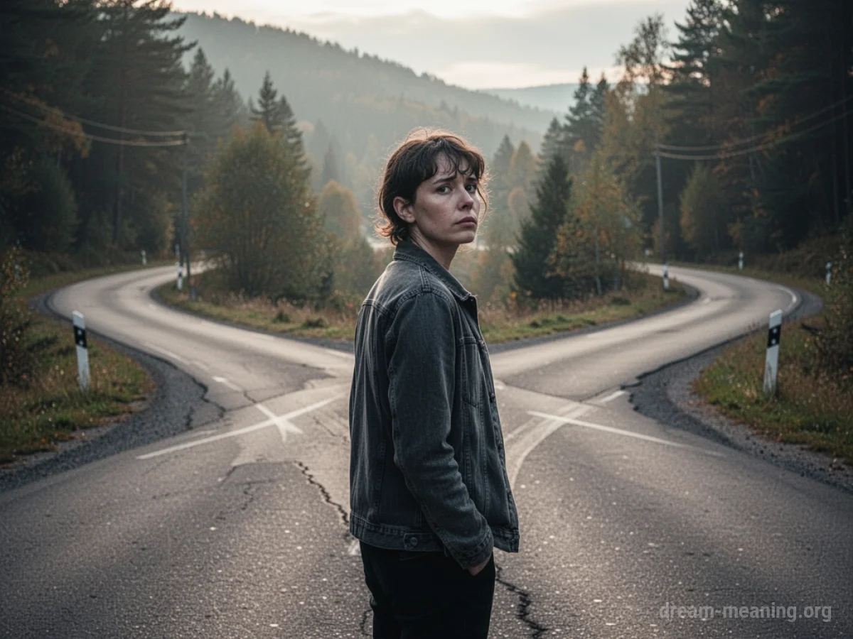 A person at a crossroads looking backward.