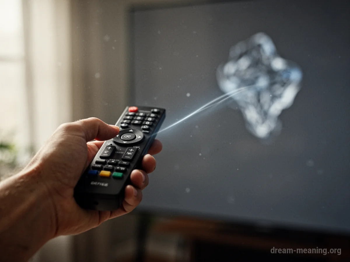 A hand holding a remote control with a beam of light connecting to a distant object.