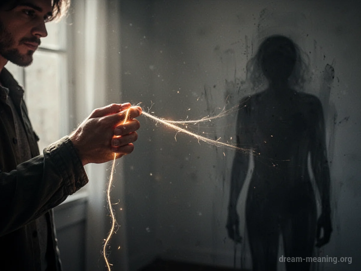 A person pulling a glowing thread away from a shadowy silhouette.