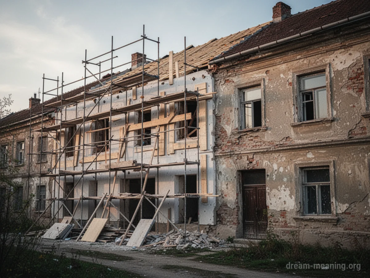 An old building undergoing renovation, showing a mix of old brickwork and new construction elements.