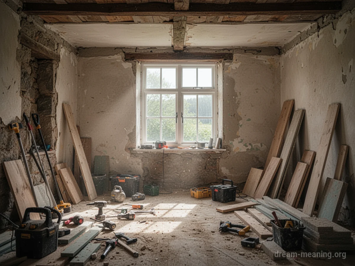 An old cottage undergoing renovation with construction materials visible.