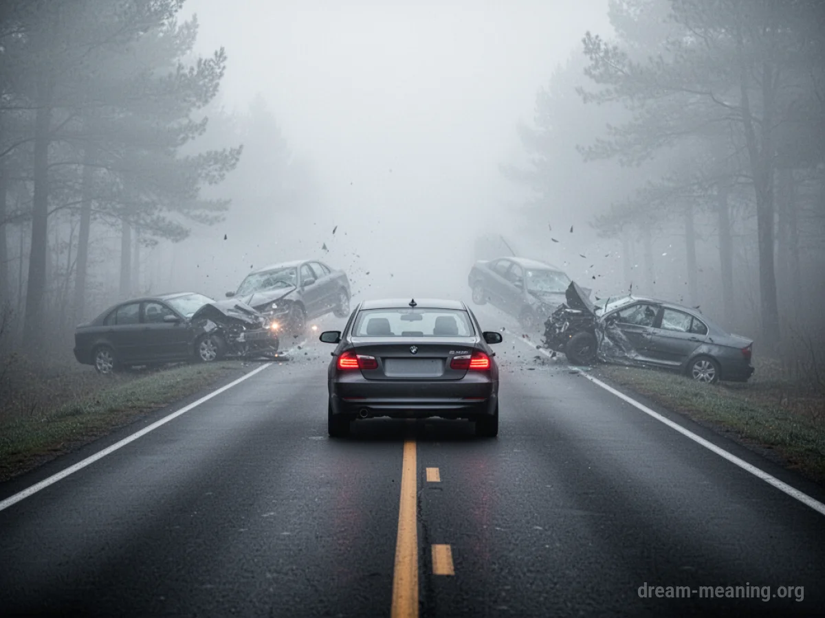 A car driving on a foggy road with blurred, spectral car outlines ahead.