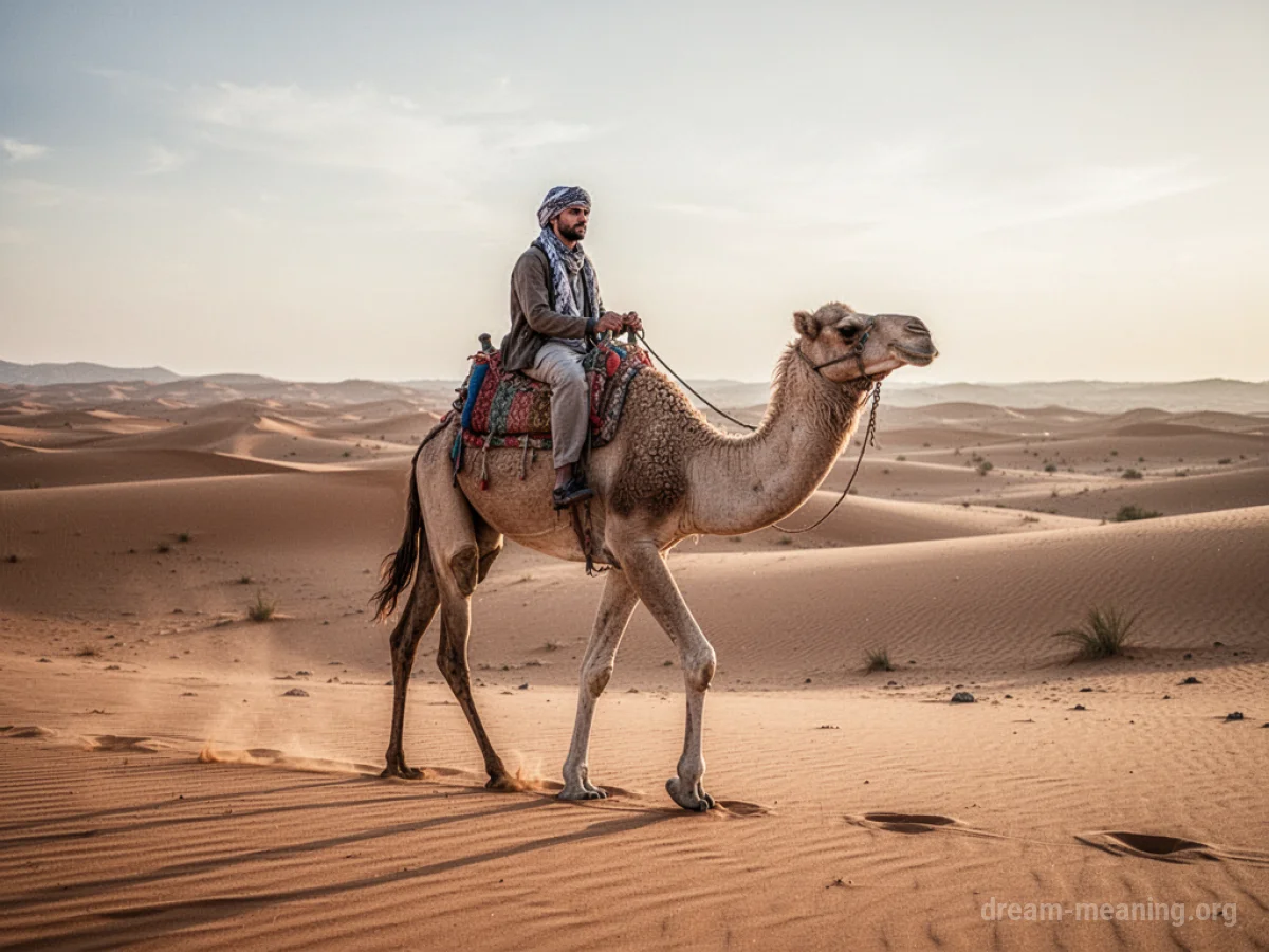 A person on the back of a camel walking through a desert.