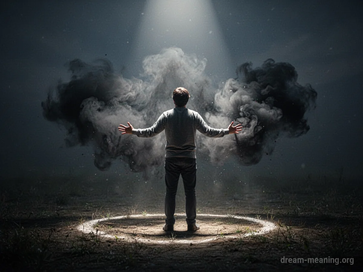 Person in a circle of light with hands extended towards a fading dark cloud.