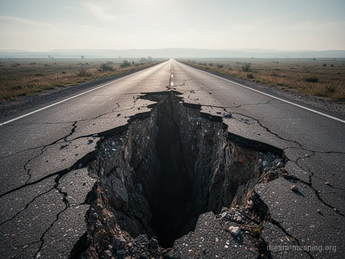A section of paved road breaking apart and falling into darkness.