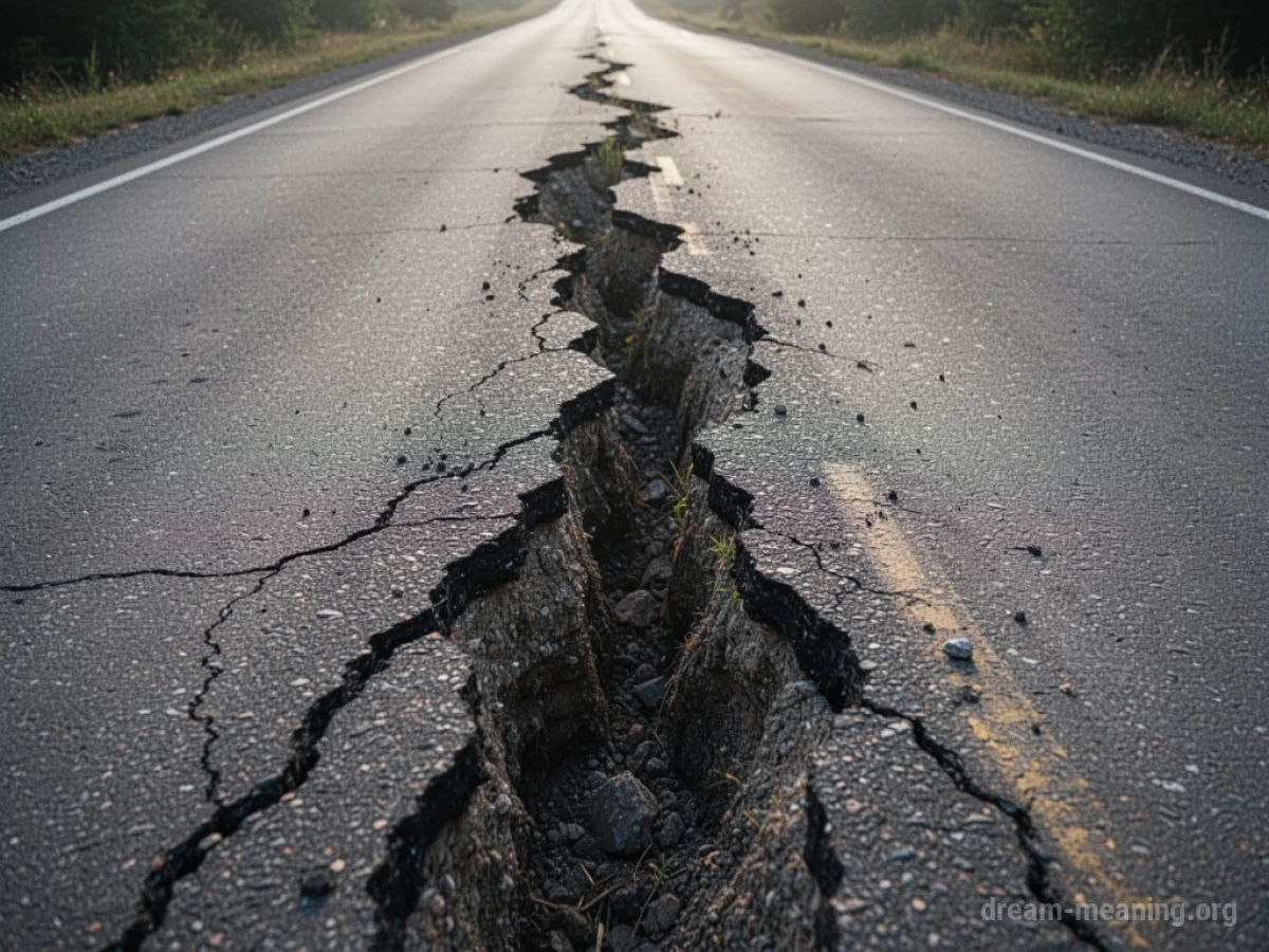 A road with a prominent crack running through the asphalt.