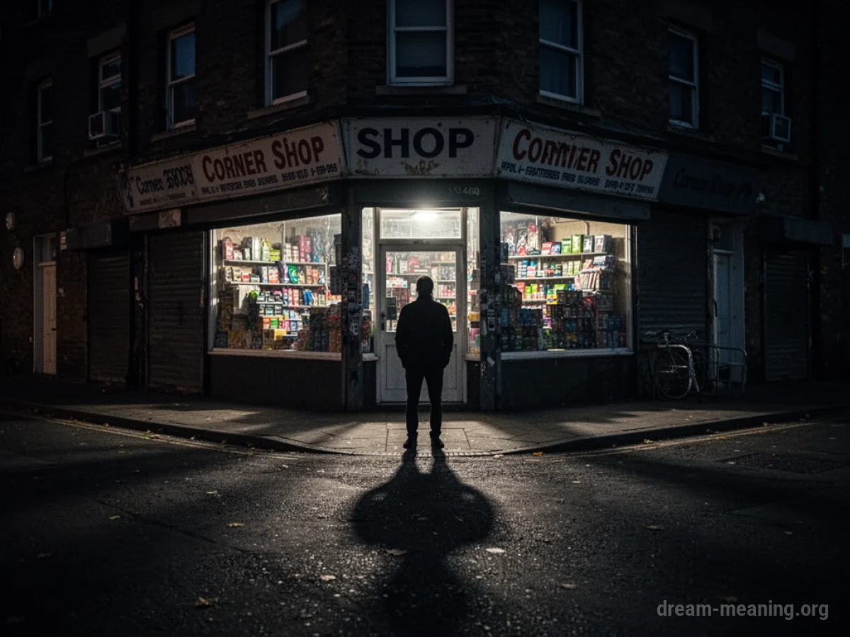 Silhouette of a person standing outside a small shop at night.