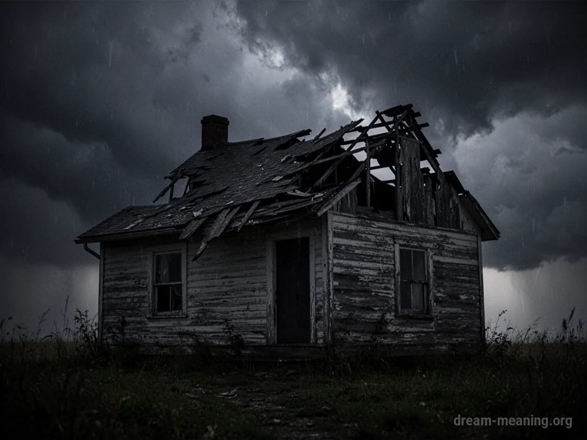 A house with a damaged roof under a stormy sky.