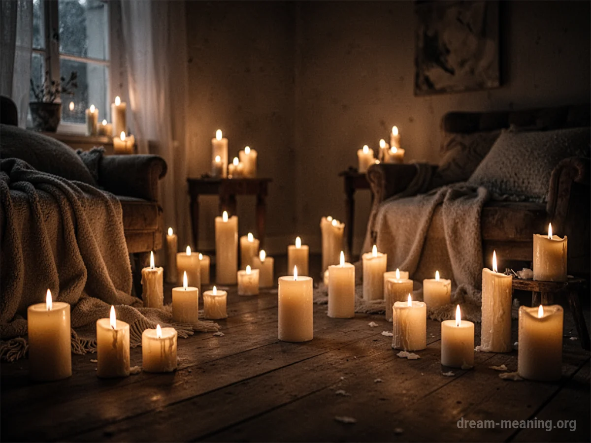 A room illuminated solely by the soft light of many candles.