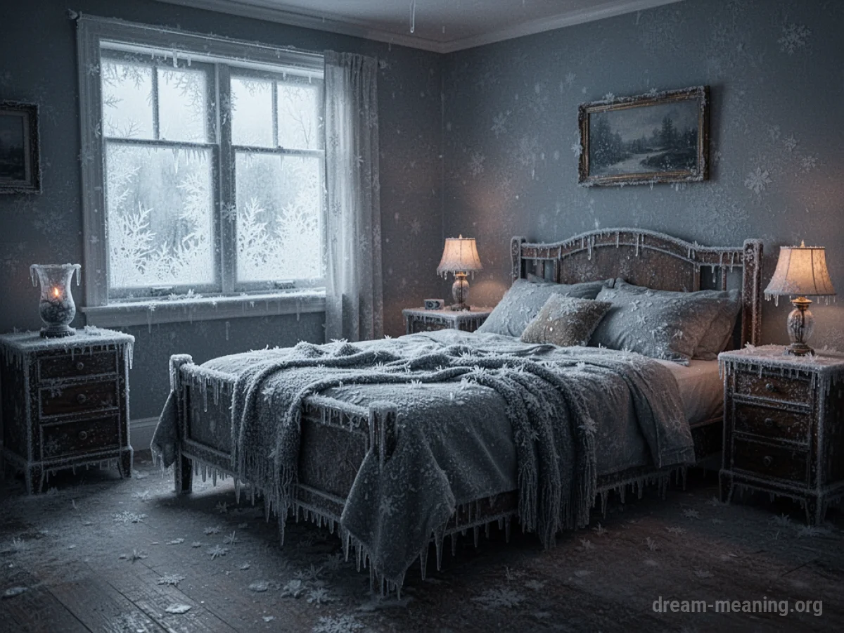 A bedroom interior with frost covering the window panes and a thin layer of ice on surfaces.