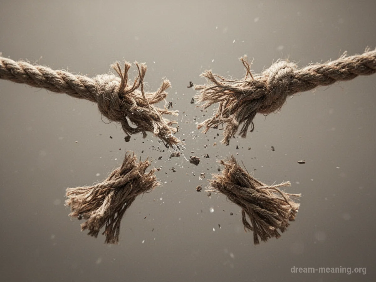 A close-up of a rope that has broken in the middle, with frayed ends separating.