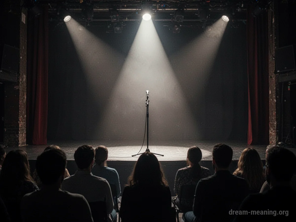 A stage with a microphone and an audience silhouette.