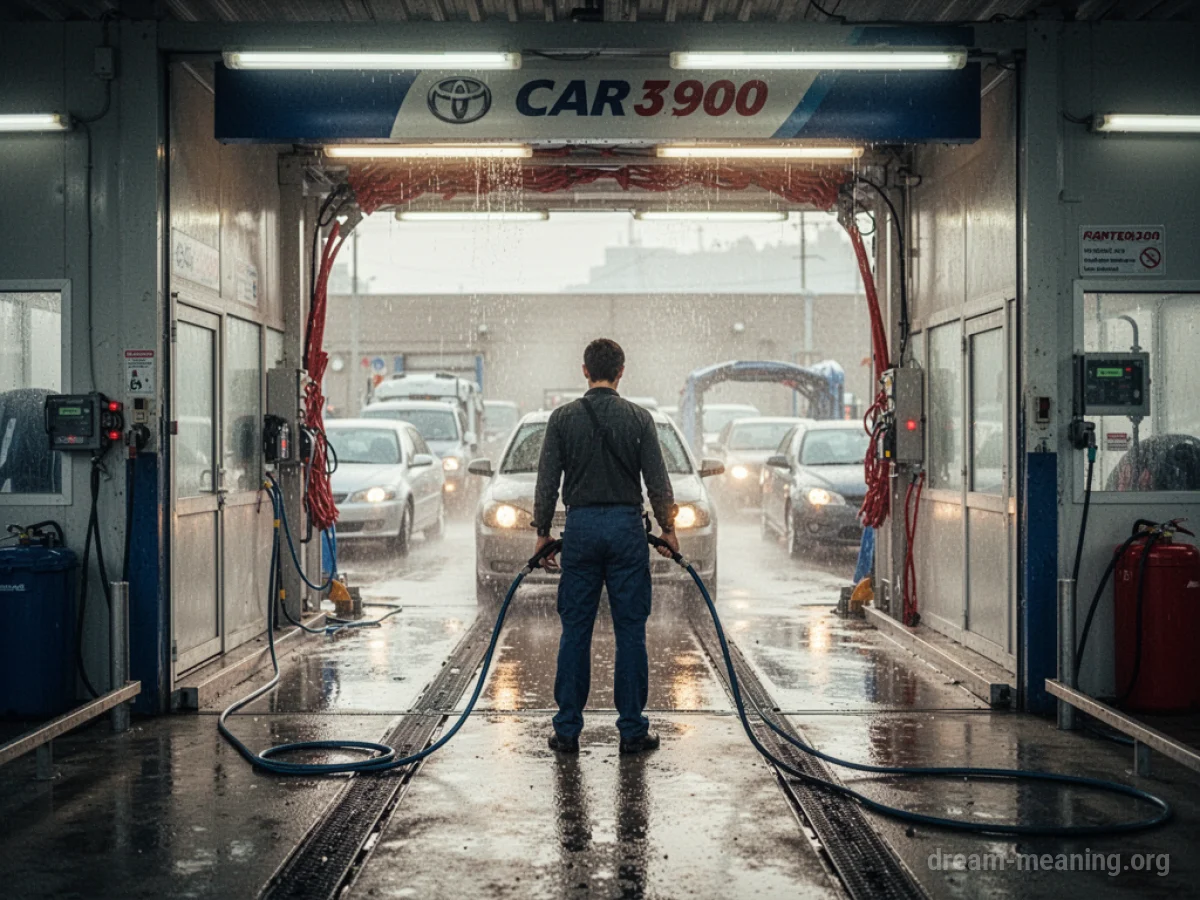 Person holding a hose at the entrance of a car wash.